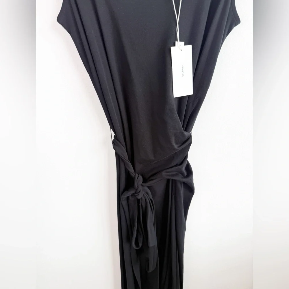 NEW VINCE Black Pima Cotton Stretch Midi Tie Dress Size Medium - Picture 3 of 6